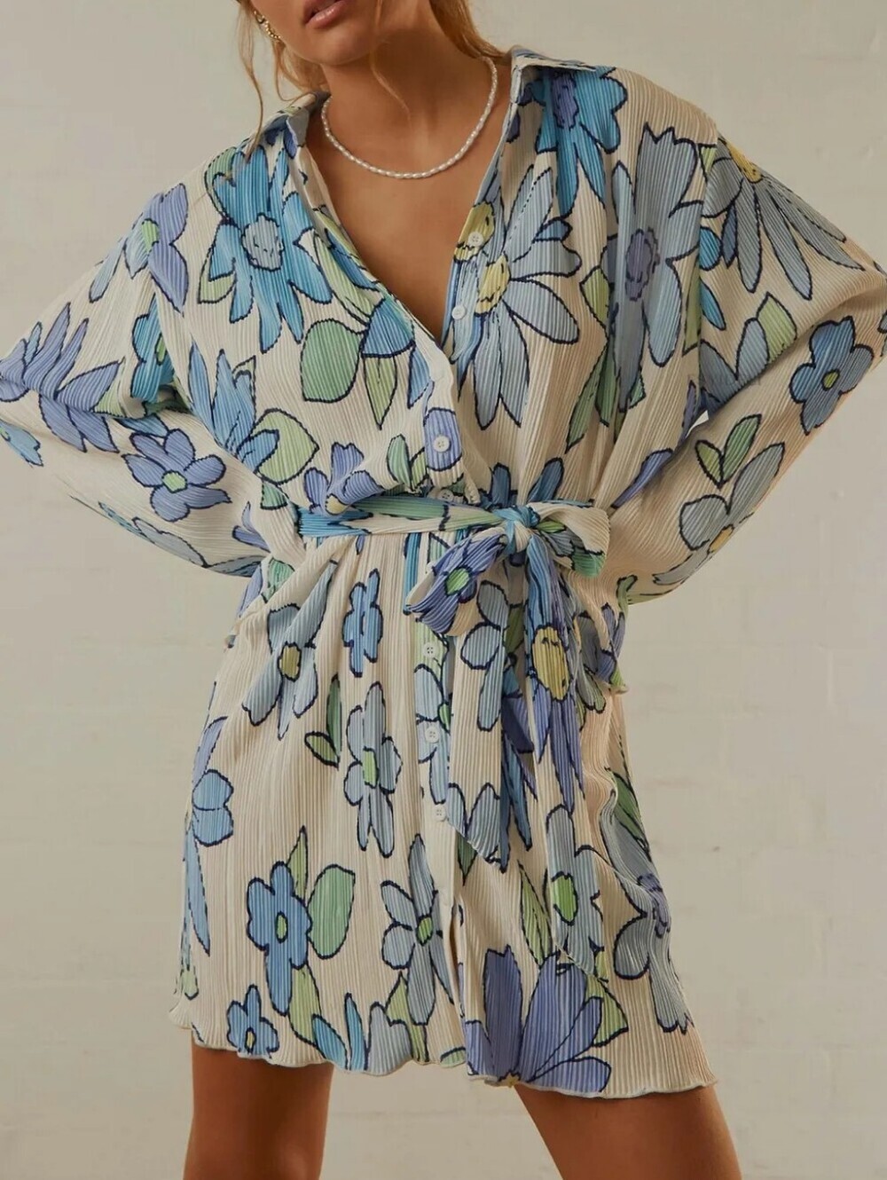 Tied Button Up Long Sleeve Dress
